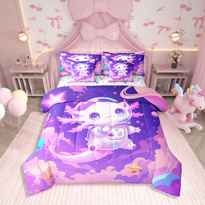 Erosebridal Cosmonaut Axolotl Bedding Sets Twin Size,Kawaii Starss Comforter Sets With Sheets,Bedroom Decor,Reversible,Breathable,7Pcs