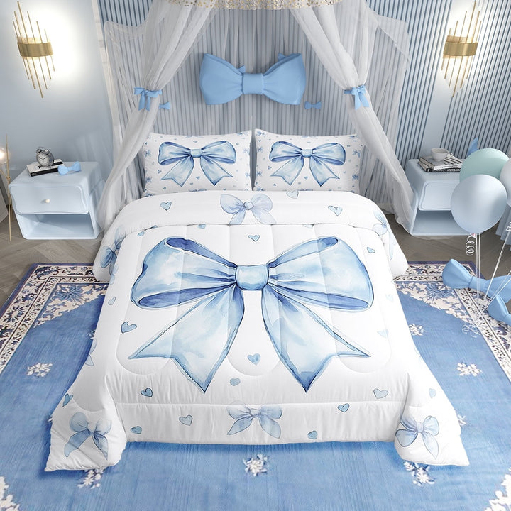 Erosebridal Cute Blue Bowknot Bedding Set Full Teen Women,Kawaii Dreamy Bow Comforter Set Princess Style Blue White Heart Decor Bedding Comforter Sets Soft Breathable Quilt Duvet