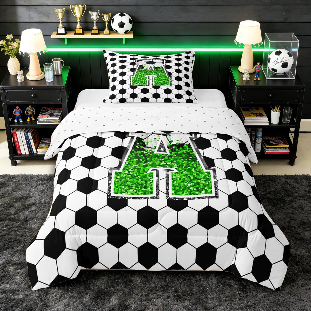 Erosebridal Gradient Green Letter Monogrammed A Twin Comforter Sets 3-Piece for Teens,Sport Soccer Hexagon Bedding Set for Boys Girls,Luxury Bedroom Decor