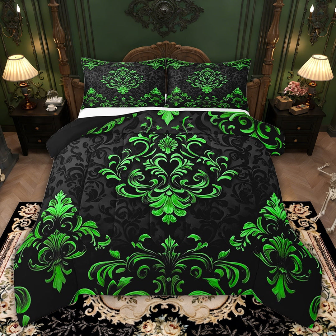 Manfei Victorian Damask Bedding Sets Full with Comforter, Vintage Baroque Floral Duvet Insert, Black Green Comforter Sets Full Size, Breathable Bedroom Decor, 3pcs Reversible