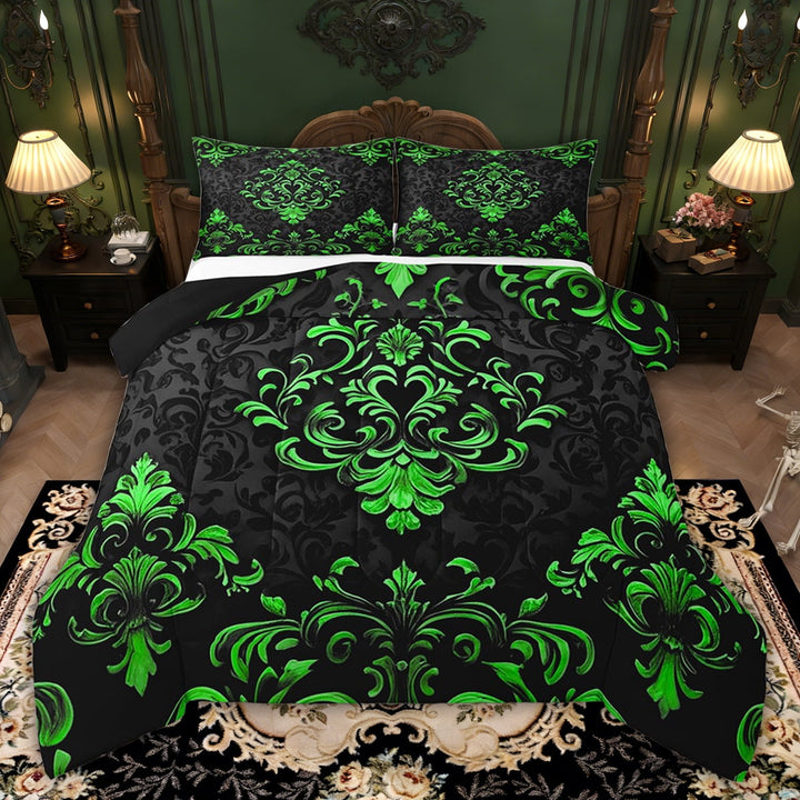 Manfei Victorian Damask Bedding Sets Full with Comforter, Vintage Baroque Floral Duvet Insert, Black Green Comforter Sets Full Size, Breathable Bedroom Decor, 3pcs Reversible