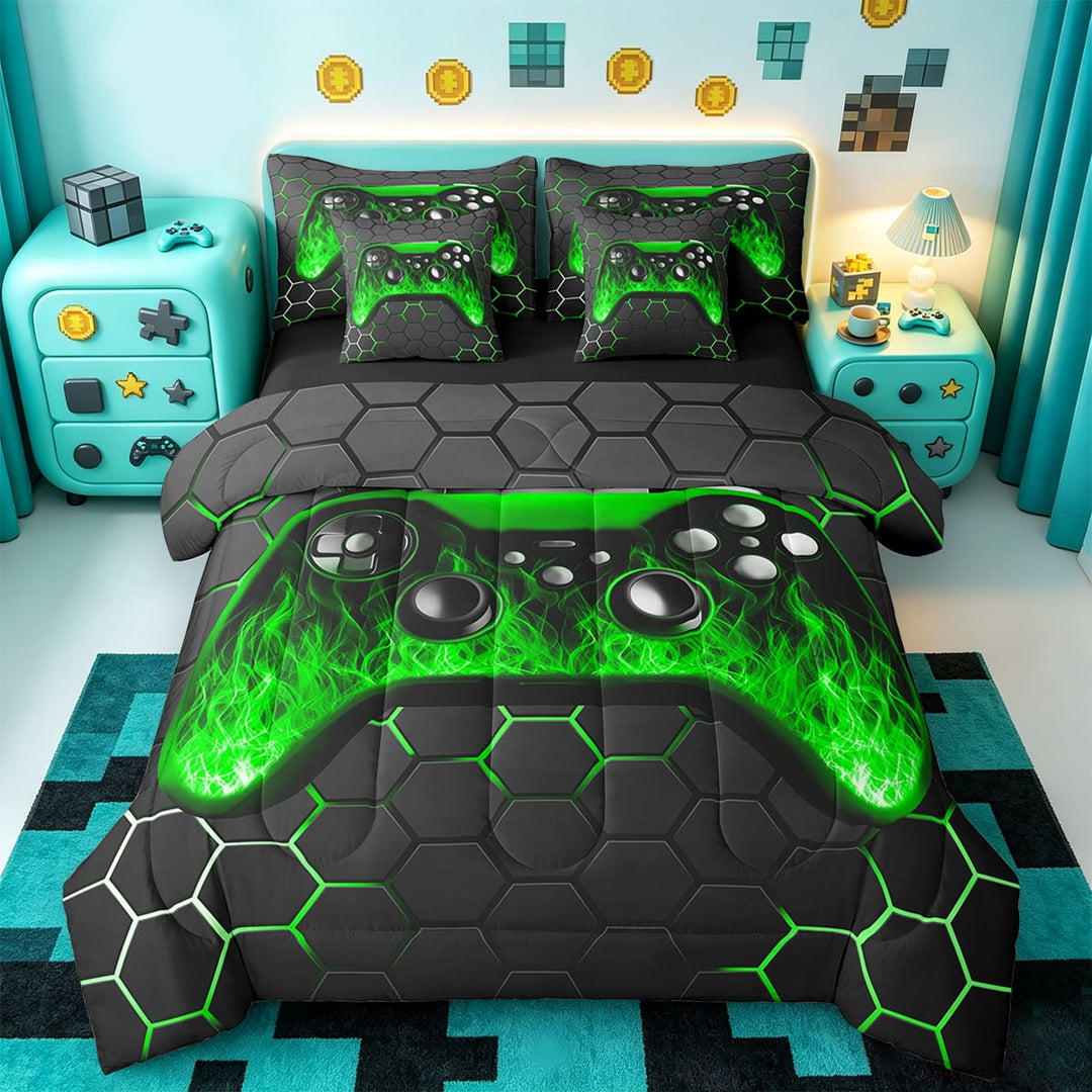 Manfei Game Console Bedding Twin Size,Gamer Gaming Comforter Sets with Sheets,Green Geometric Geometric Bedding Sets Twin Size,Breathable Bedroom Decorative Reversible,7pcs
