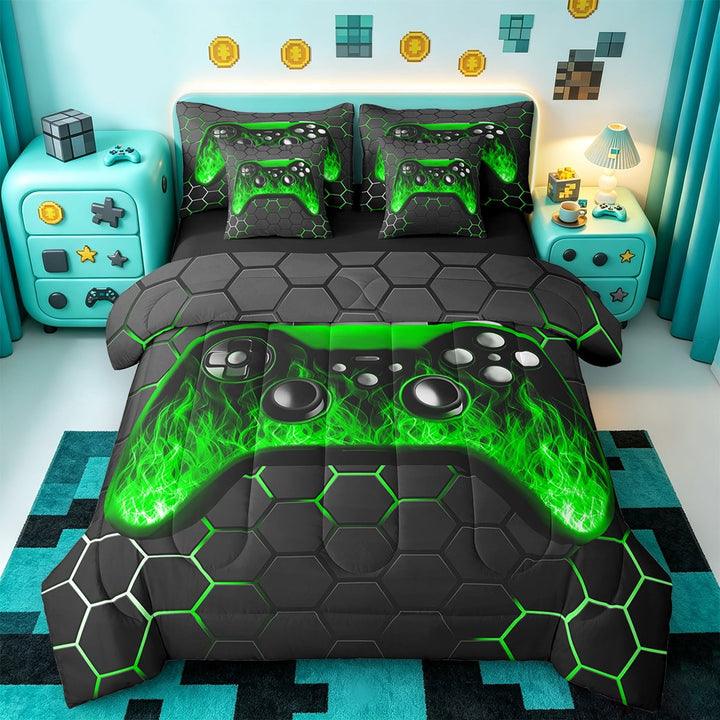Manfei Game Console Bedding Twin Size,Gamer Gaming Comforter Sets with Sheets,Green Geometric Geometric Bedding Sets Twin Size,Breathable Bedroom Decorative Reversible,7pcs