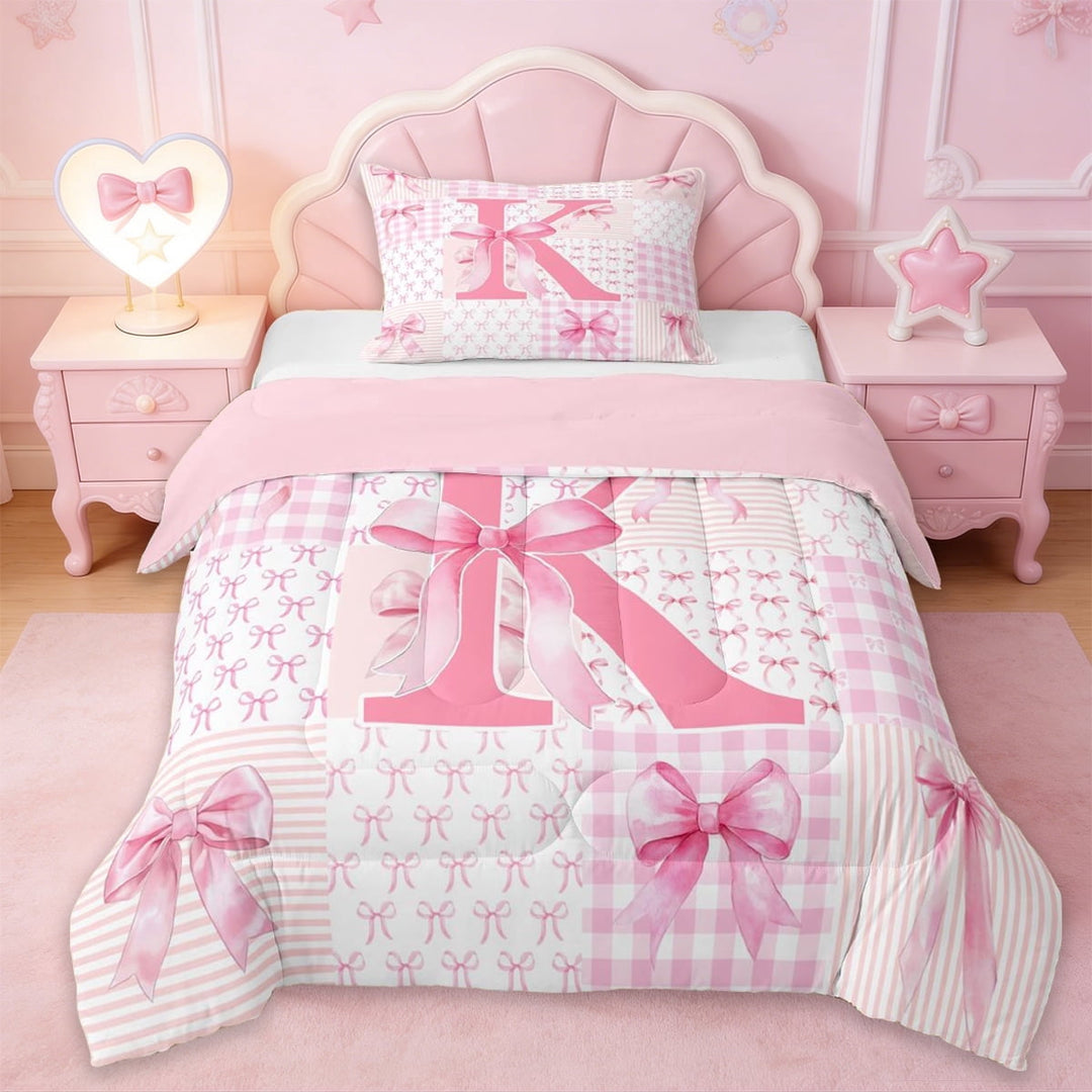 Erosebridal Pink Princess Bowknot Twin Comforter Sets,First Letter K Bedding Set For Girly,Pink Reversible,2 Pieces