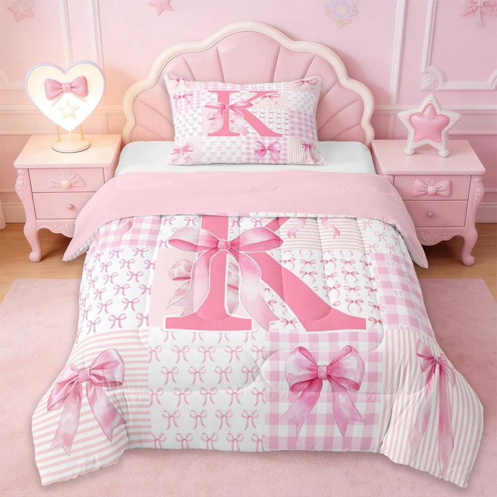Erosebridal Pink Princess Bowknot Twin Comforter Sets,First Letter K Bedding Set For Girly,Pink Reversible,2 Pieces