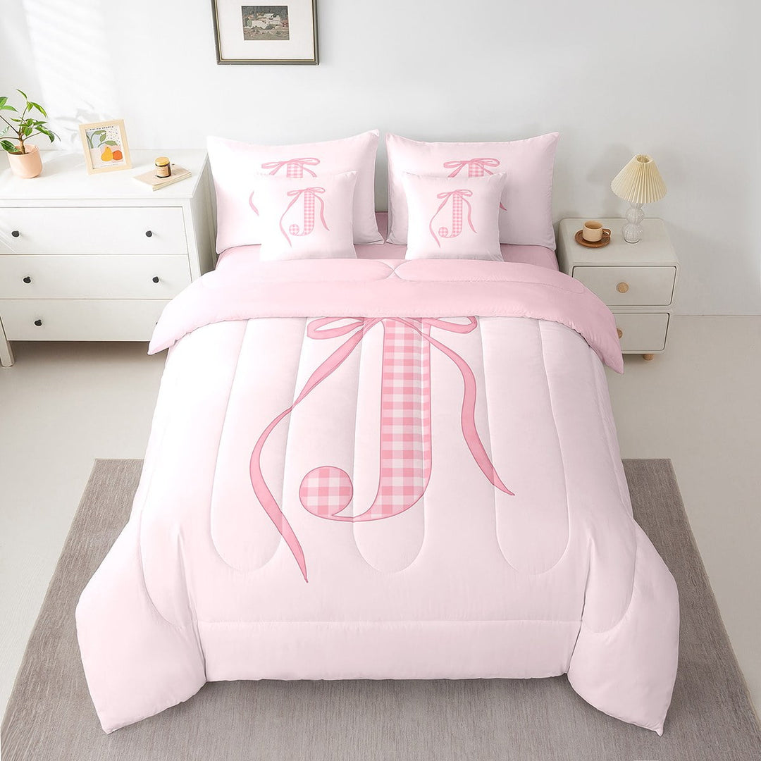 Erosebridal Pink Bow Bedding Sets Twin Size, Initial J Comforter Sets with Sheets, Princess Room Decor, Reversible