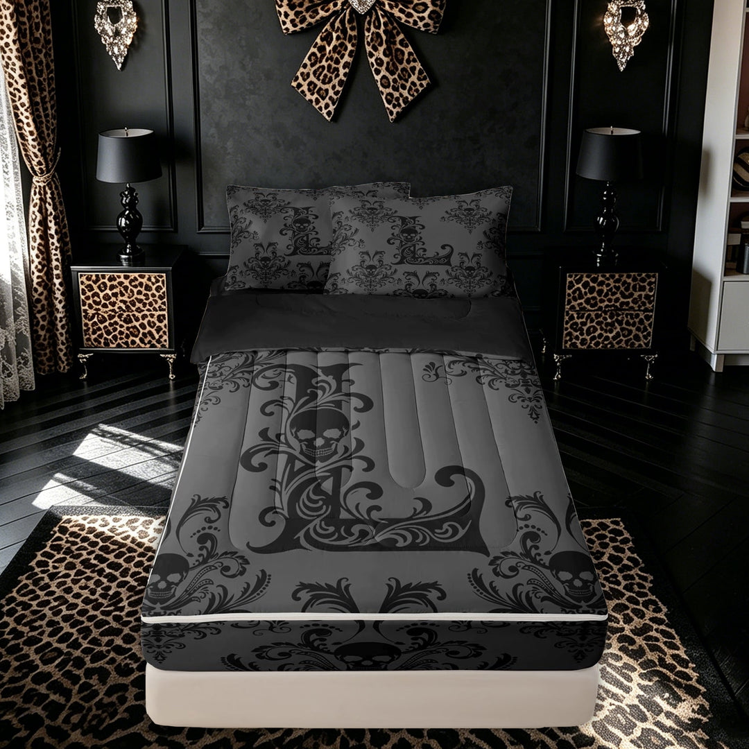 meiyoeat Gothic Skull Letter L Zipper Comforter Set with Fitted Sheet and 2 Pillowcases for Boys Girls, Boho Damask Flower Zipper Bedding Set, Black Reversible, 3-Piece