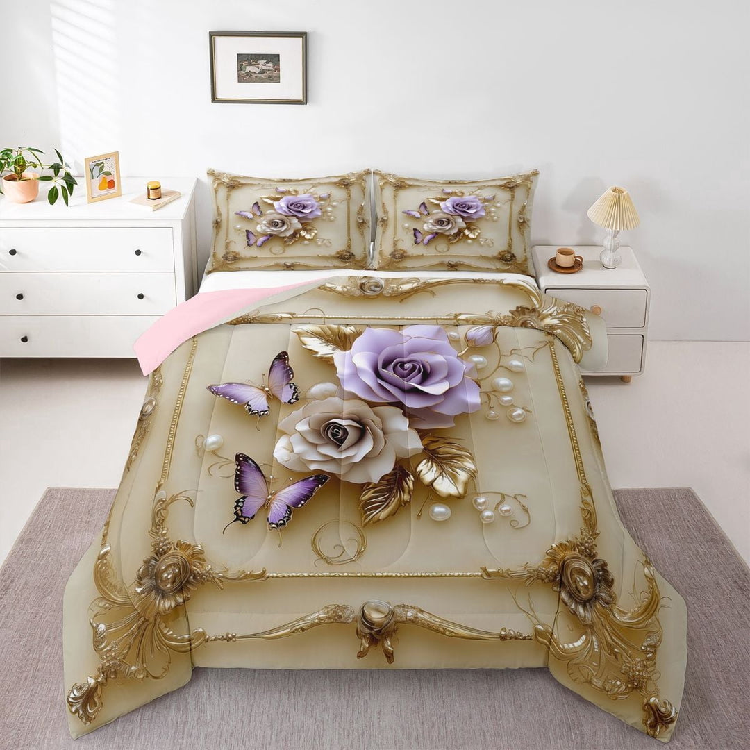 Erosebridal Teens Floral Rose Butterflies Full Size Comforter Sets 3 Pieces,Romantic Vintage Bedding Sets For Girls Boys,Gold Purple,Pink Reversible