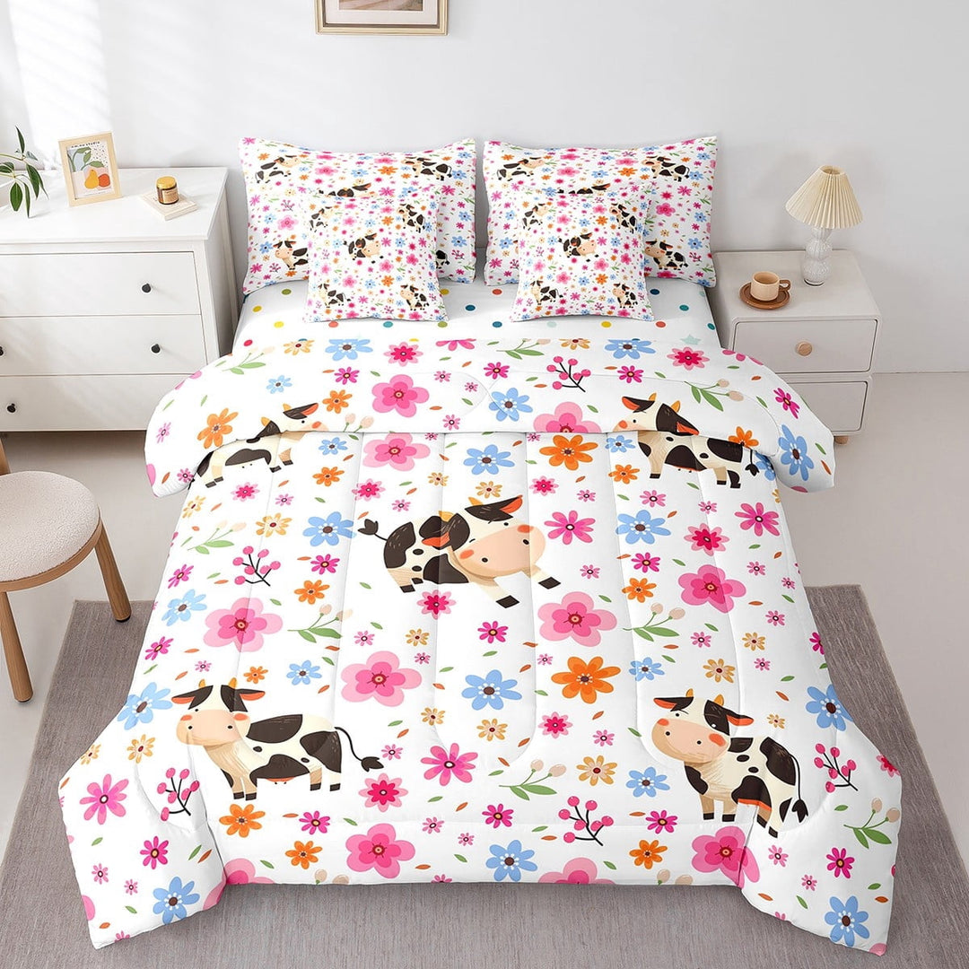Cartoon Cow Bedding Comforter Sets 7pcs Chic Floral King Bedding Sets, Kawaii Animal Bed in a Bag Pink Flower Comforter Set, Colorful Polka Dots Reversible Bed Set