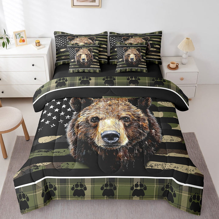 American Flag Hunting Comforter Set Twin 7 Piece Army Green Camo Hunting Bear Bedding Set With Sheets Adults Rustic Farmhouse Plaid Bed In A Bag Woodland Animal Bed Set