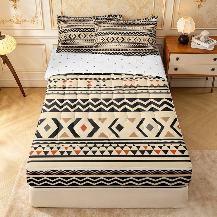 meiyoeat Earthy Aztec Zipper Full Size Comforter Sets with Fitted Sheet and 2 Pillowcases For Men Women,Rustic Tribal Zipper Bedding Set,Beige Black,Reversible,4-Piece