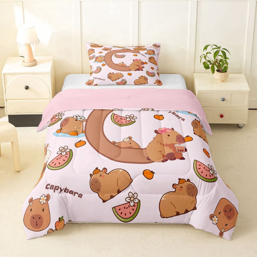 Erosebridal Kids C Personalized Initial Capybara Bubble Tea Twin Comforter Sets 3-Piece,Boys Girls Kawaii Funny Food Bedding Set,Pink Reversible