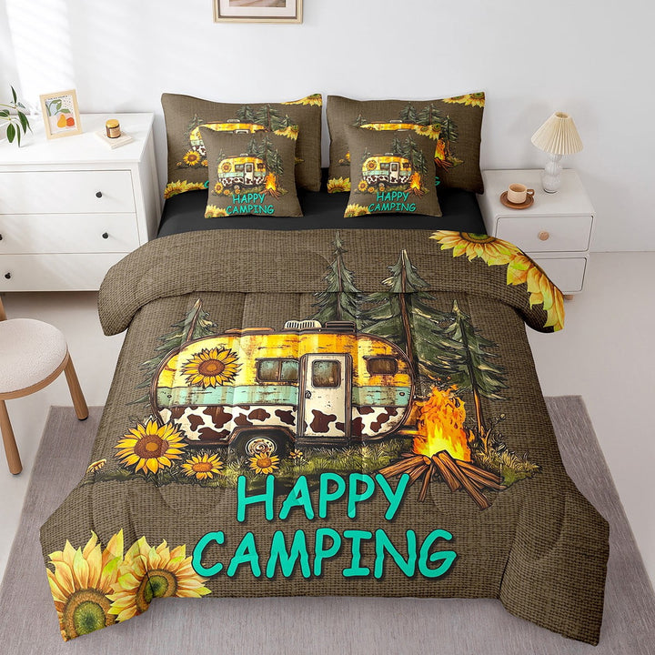 Erosebridal Vintage Rv Car Bedding Sets King Size,Floral Sunflower Bed in a Bag King size,Ultra Soft Reversible Bedding King Size,Happy Camping Decor,7 Pieces