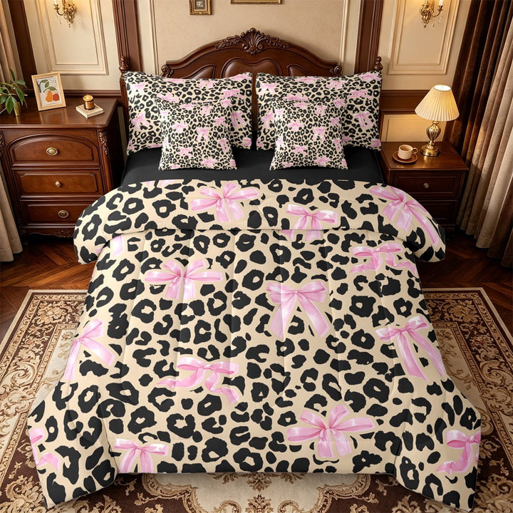 Manfei Brown Leopard Print 7 Pieces Full Size Bedding Sets,Pink Kawaii Bow Tie Full Size Bed in a Bag,Black Reversible