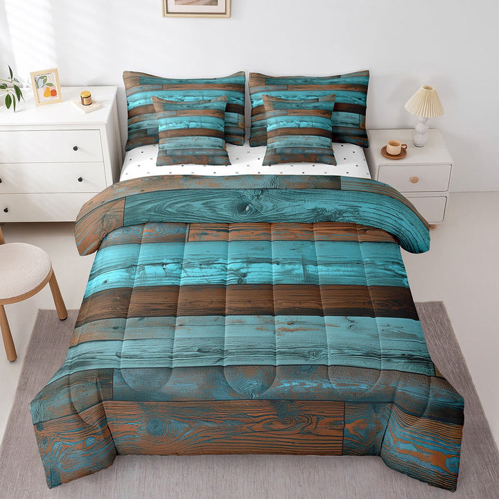 Western Bed In A Bag Queen 7 Piece Rustic Farmhouse Comforter Set Retro Country Brown Blue Spliced Plank Bedding Set With Comforter, Sheets, Pillowcase And Covers
