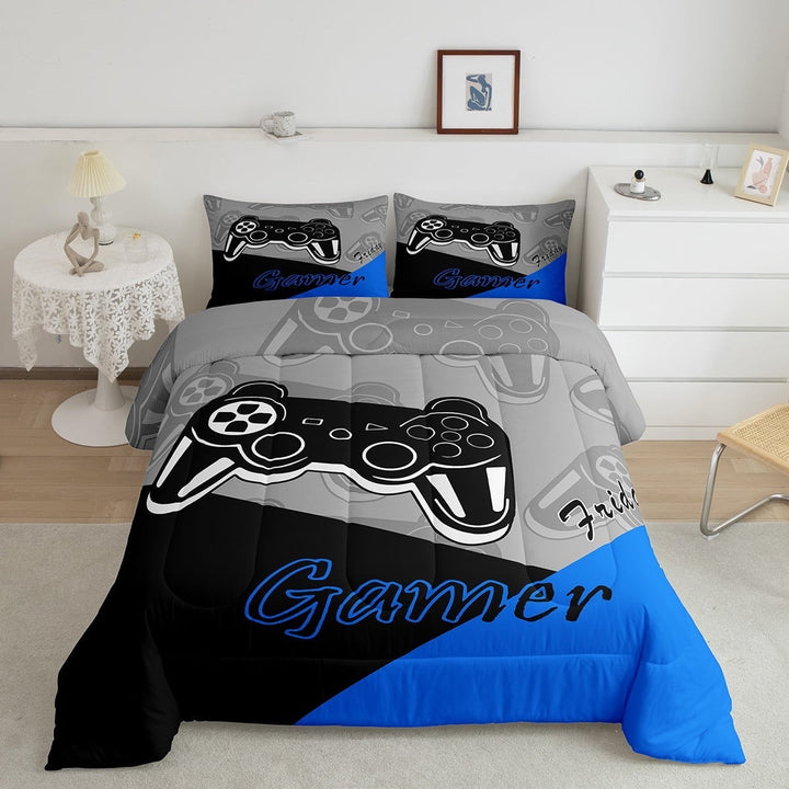 Gaming Comforter Teen Video Game Bedding Set Gamer Comforter for All Season Gamepad Home Decor for Comforter Set Full Size,1 Comforter with 2 Pillowcases Blue Black Grey