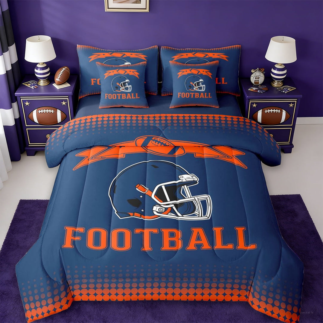 jejeloiu Football Sport Games 7-Piece Twin Bedding Sets,Orange Deepblue Bedding Comforter Set For Rugby Gamer Reversible