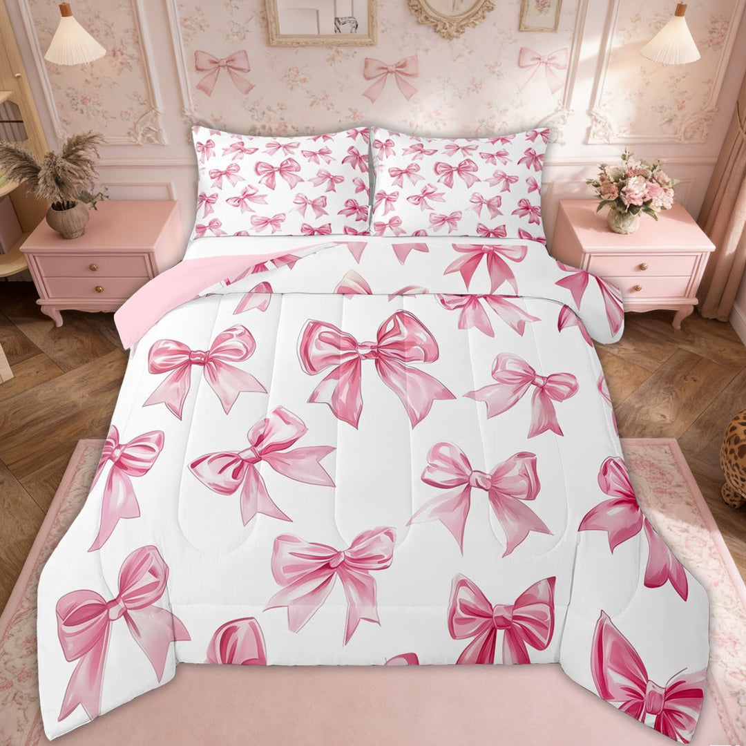 Erosebridal Kawaii Bowknot Bedding Set Dreamy Princess Style Comforter Set Full Teen Women,Girly Cute Bow Bedding Comforter Sets Pink Bow Tie Bed Duvet Set 2 Pillow Cases