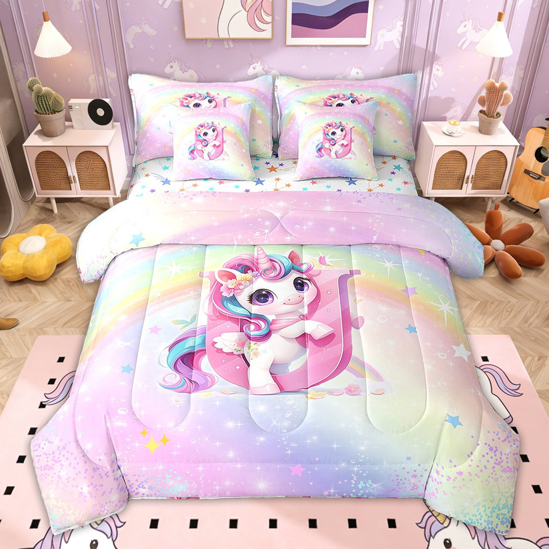 Erosebridal Pink Unicorn Bed in a Bag Twin size for Kids Girls, Princess Flower Letter U Bed Set, Colorful Stars Reversible 7pcs