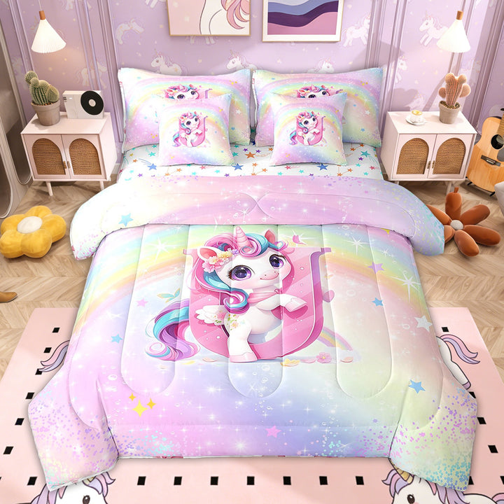 Erosebridal Pink Unicorn Bed in a Bag Twin size for Kids Girls, Princess Flower Letter U Bed Set, Colorful Stars Reversible 7pcs