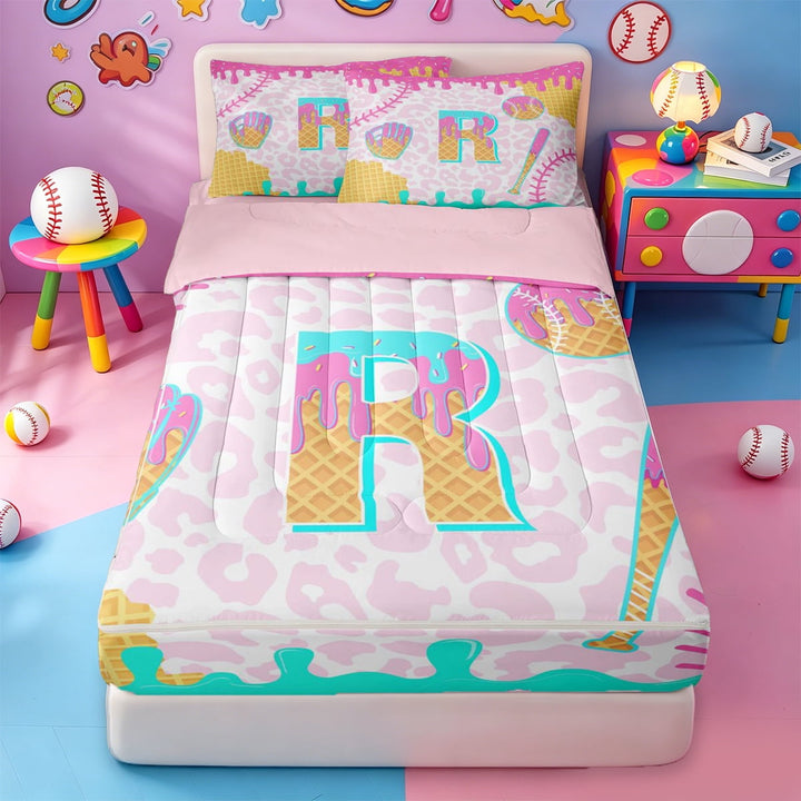 meiyoeat Pink Ice Cream Drip Zipper Twin Comforter Sets With Fitted Sheet And 2 Pillowcases For Girls,Multicolor Baseball R Letter Print Zipper Bedding Set,Pink Reversible,4-Piece