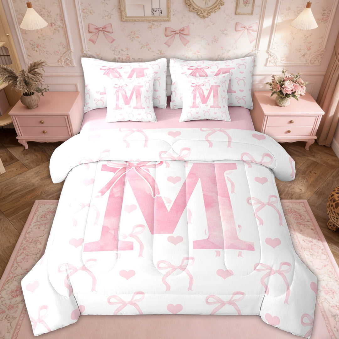 Erosebridal Initial Letter M Bed in a Bag Twin size, Dreamy Bow Love Bed Set, Girly Romantic Decor, Reversible 7pcs