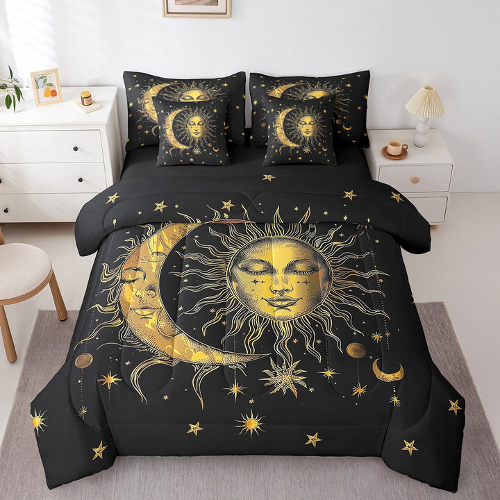 Sun snd Moon Bedding 7 Pcs Universe Star Pattern Bed in a Bag Twin Size Bohemian Eoxtic Style Bedding Set with Comforter Galaxy Starry Sky Decor Bed Set Boho Stripes Decor Sheet Set
