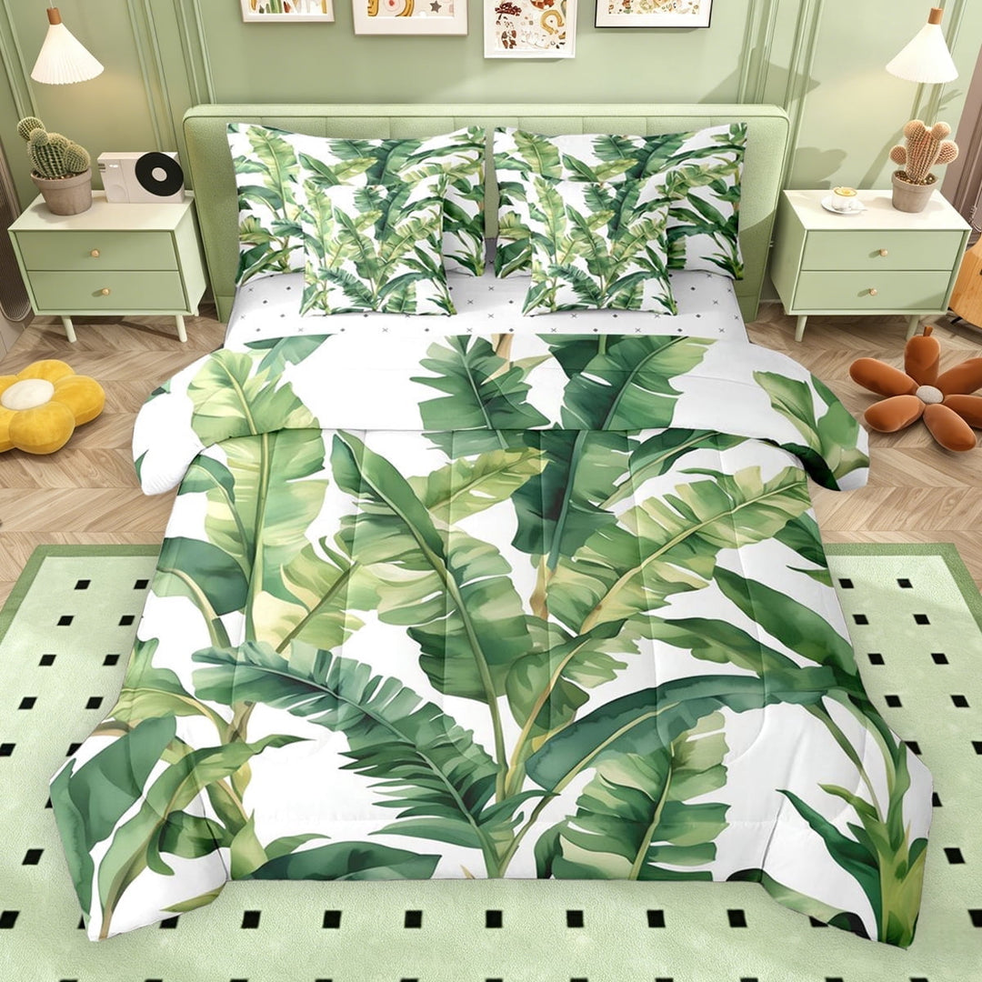 Erosebridal Watercolor Green Leaves Twin Bedding Sets, Tropical Botanical Plant Bedding Comforter Set, Reversible, 7-Piece
