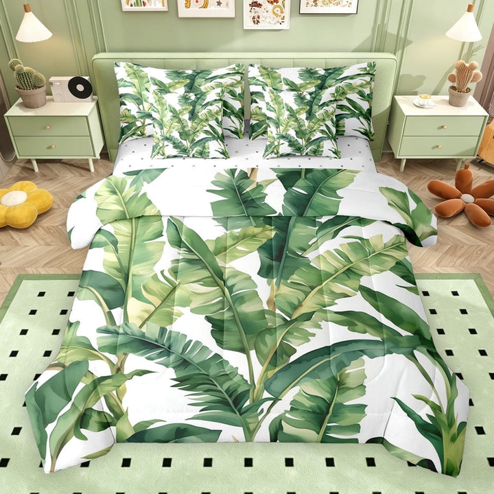 Erosebridal Watercolor Green Leaves Twin Bedding Sets, Tropical Botanical Plant Bedding Comforter Set, Reversible, 7-Piece
