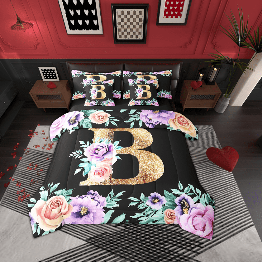 Erosebridal Purple Rose Bed in a Bag, Initial Letter B Bed Set, Cartoon Monogrammed Reversible Comforter Sets, Lightweight Bedroom Decoration, 7pcs