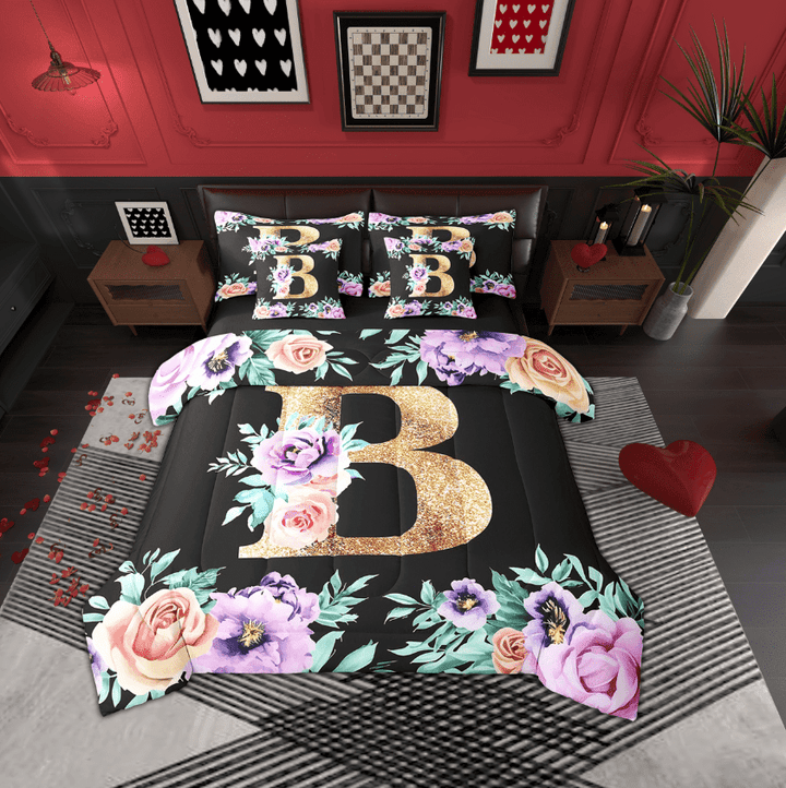 Erosebridal Purple Rose Bed in a Bag, Initial Letter B Bed Set, Cartoon Monogrammed Reversible Comforter Sets, Lightweight Bedroom Decoration, 7pcs