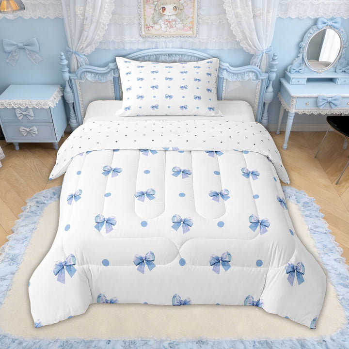 Erosebridal Light Blue Bow Polka Dot Twin Comforter Sets for Girls, Blue Ribbon Bedding Set for Kids, Reversible, 2 Pieces