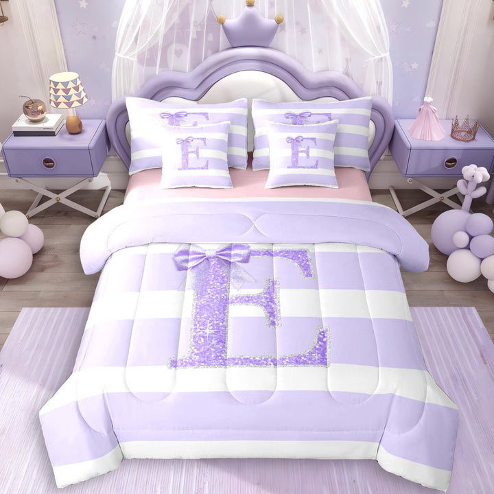 Erosebridal Glitter Print Personalized Initial E Girl Twin Bedding Sets 7-Piece,Kids Teens Purple Bow Geometric Stripes Bedding Comforter Set,Pink Reversible