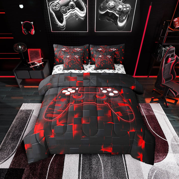Gamer Bedding Full Size 7pcs Geometric Neon Grid Comforter Set,Video Game Bedding Comforter Sets Classic Black Red Bed in a Bag Teens Gamepad Bedroom Decor,Soft For All Season