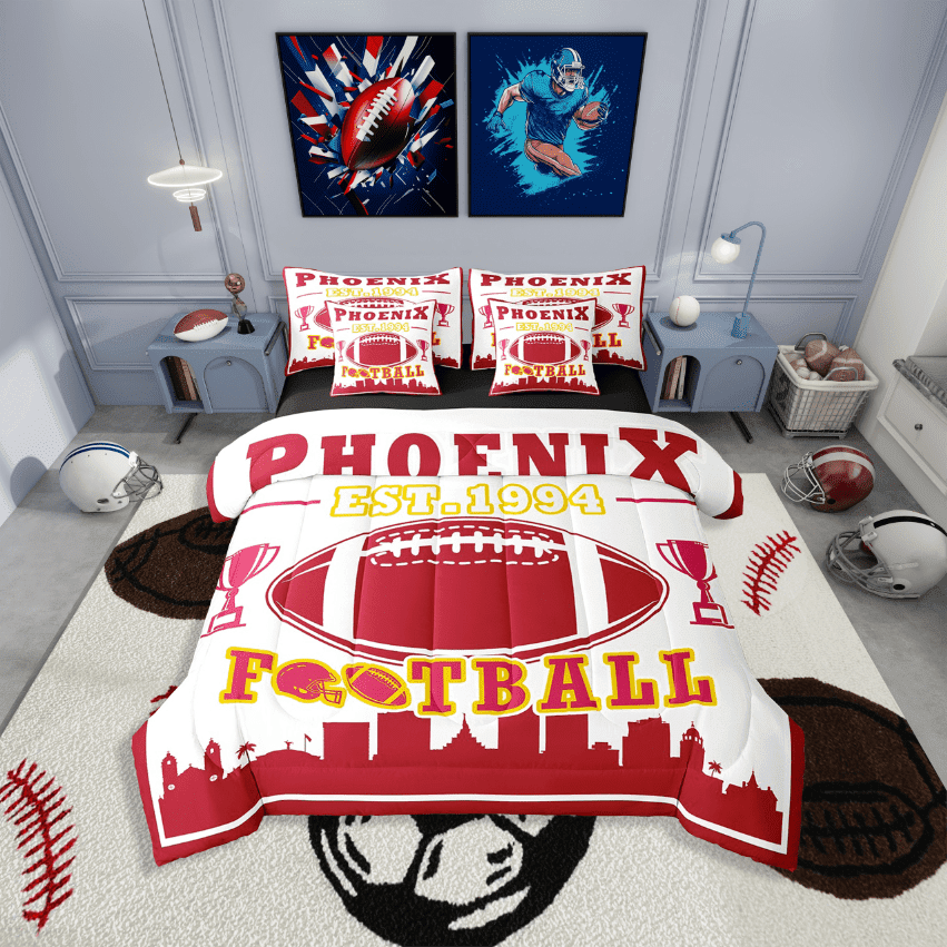 Erosebridal Sport Football Bedding Sets Twin Size,Ball Game Comforter Sets with Sheets,Rugby Room Decorative(Phoenix),Reversible,Lightweight,7-Piece