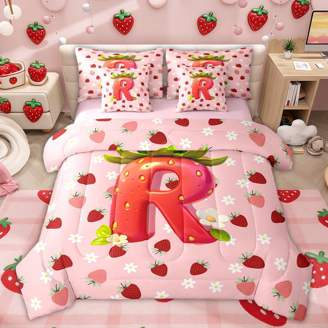 Erosebridal Princess Floral Strawberry Twin Bedding Sets for Kids, Girls Pink Letter R Bedding Comforter Set, Pink Reversible, 7 Pieces