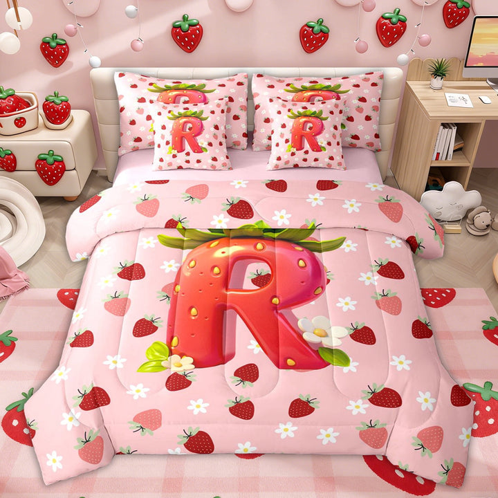 Erosebridal Princess Floral Strawberry Twin Bedding Sets for Kids, Girls Pink Letter R Bedding Comforter Set, Pink Reversible, 7 Pieces
