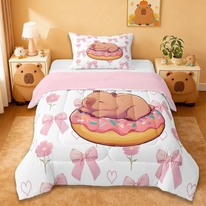 Erosebridal Capybara Lover Twin Comforter Sets,Cartoon Mouse 3D Pink Doughnut Bedding Set For Girls Kids ,Reversible Pink 2pcs