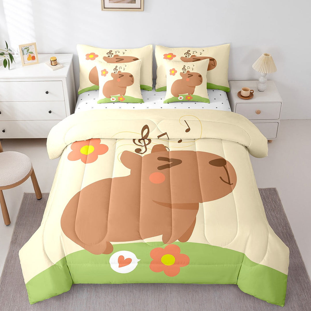 7Pcs Comforter Sets Twin Size, Cute Rodent Animal Capybara Gifts Comforter Set Bed in a Bag(1 Comforter, 1 Flat Sheet 1 Fitted Sheet 2 Pillowcases and 2 Throw Pillow Covers)