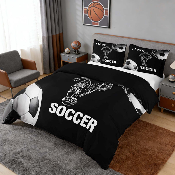 Erosebridal I Love Soccer Duvet Cover Set, Sport Bedding Full for Men and Boys, Black Reversible 3-Piece, 1 Duvet Cover and 2 Pillowcases