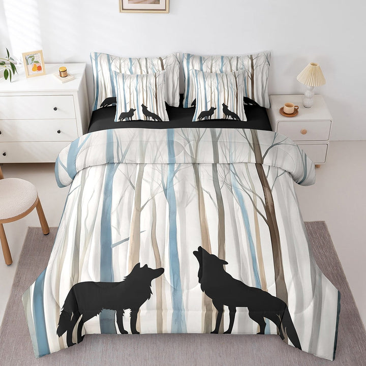 Wolf Comforter Set Queen Size,Brown Blue Tree Bedding Set Teens,Woodland Jungle Animal(Comforter+Fitted+Flat Sheet+2 Pillowcases+2 Throw Pillow Covers) 7 Pieces Bed Set