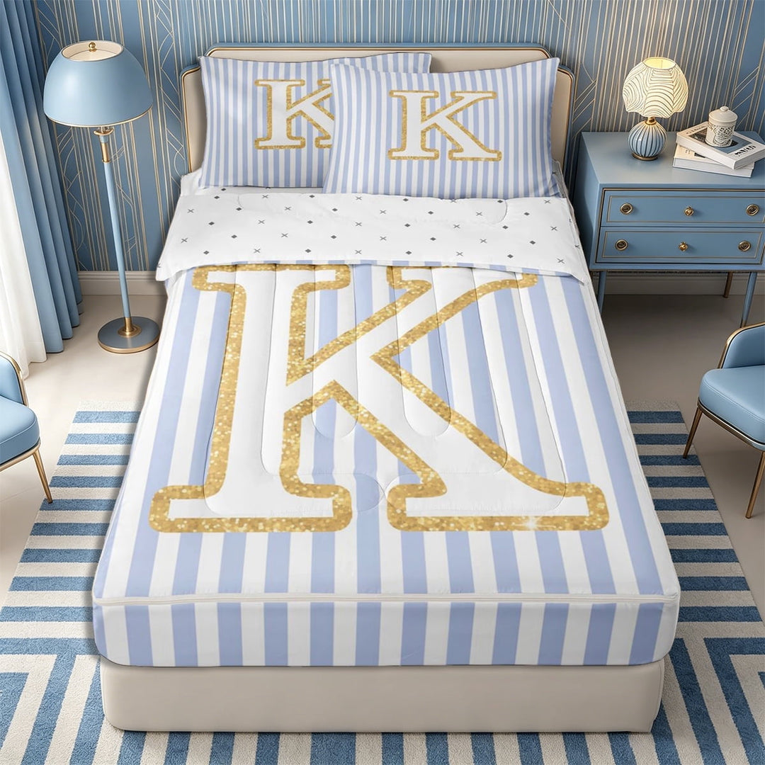 Meiyoeat Gold Glitter Letter K Zipper Twin Comforter Sets with Fitted Sheet and 2 Pillowcases for Women Juniors, Striped Monogram Zipper Bedding Set for Nursery, Light Blue White,4-Piece