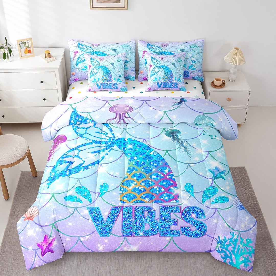 Glitter Blue Sequins Mermaid Tail Comforter Set 7 Piece Bed in a Bag Twin,Ocean Nautical Sea Animal Bedding Sets Starfish Jellyfish Sheet Set with Comforter