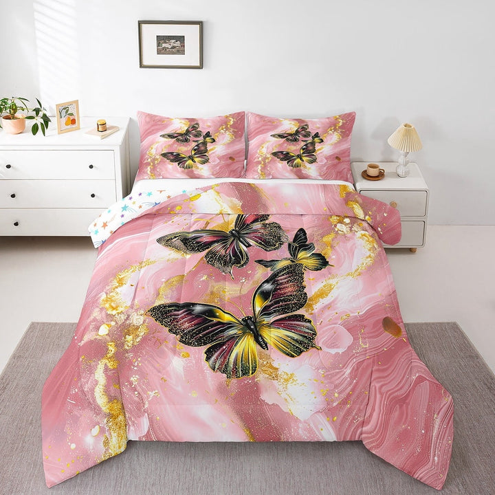 Gold Marble Queen Comforter Set Black Butterfly Bedding Set,Pastel Pink Marbling Down Comforter Abstract Ombre Ink Fluid Art Duvet Set Aesthetic