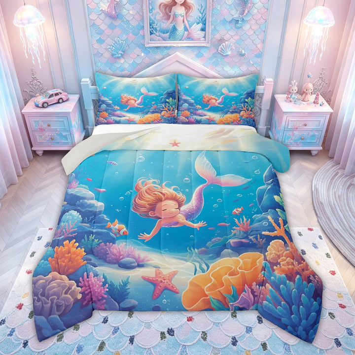 meiyoeat Fairy Mermaid Princess Full Size Comforter Sets for Kids Boys Girls, Dreamy Marine Animal Bedding Comforter Set, Blue Pink, Grey Reversible, 3pcs, 1 Comforter and 2 Pillowcases