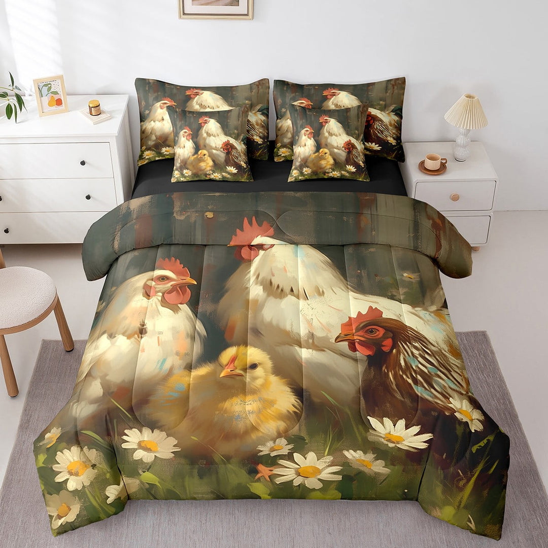 Farm Rooster 7 Pieces Bedding Set Queen Size Cockerel Oil Painting Comforter For Teens Rural Country Farmhouse Sheet Set Animal Leaves Fitted Sheet
