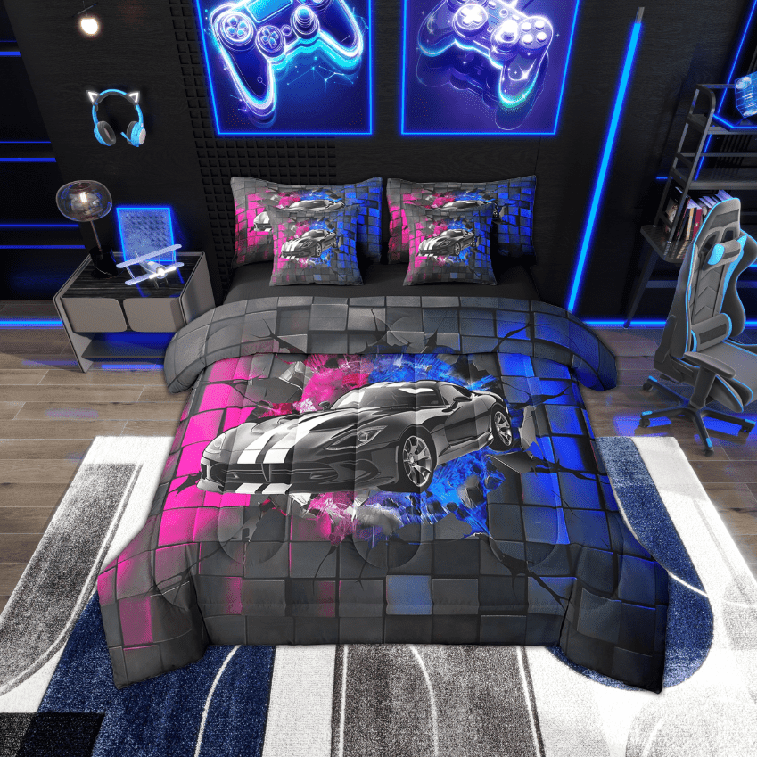 Erosebridal Black Sport Car Bedding Sets Twin Size,Geometric Plaid Comforter Sets with Sheets,Extreme Sports Bed in a Bag Twin size,Microfiber Buffalo Room Decor,Reversible,7-Piece