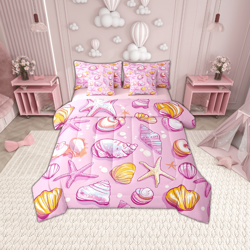 Erosebridal Starfish Seashell Bedding Sets Twin Size,Pink Golden Comforter Sets with Sheets,Breathable Reversible Bed in a Bag Twin size,Marine Room Decorative,7pcs