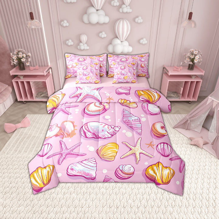 Erosebridal Starfish Seashell Bedding Sets Twin Size,Pink Golden Comforter Sets with Sheets,Breathable Reversible Bed in a Bag Twin size,Marine Room Decorative,7pcs