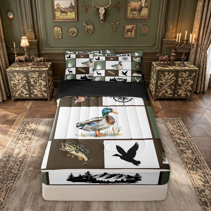 meiyoeat Outdoor Hunting Wildlife Zipper Comforter Set with Fitted Sheet and 2 Pillowcases for Men Boys, Vintage Rustic Cabin Patchwork Zipper Bedding Set, Olive Drab, Black Reversible, 3pcs